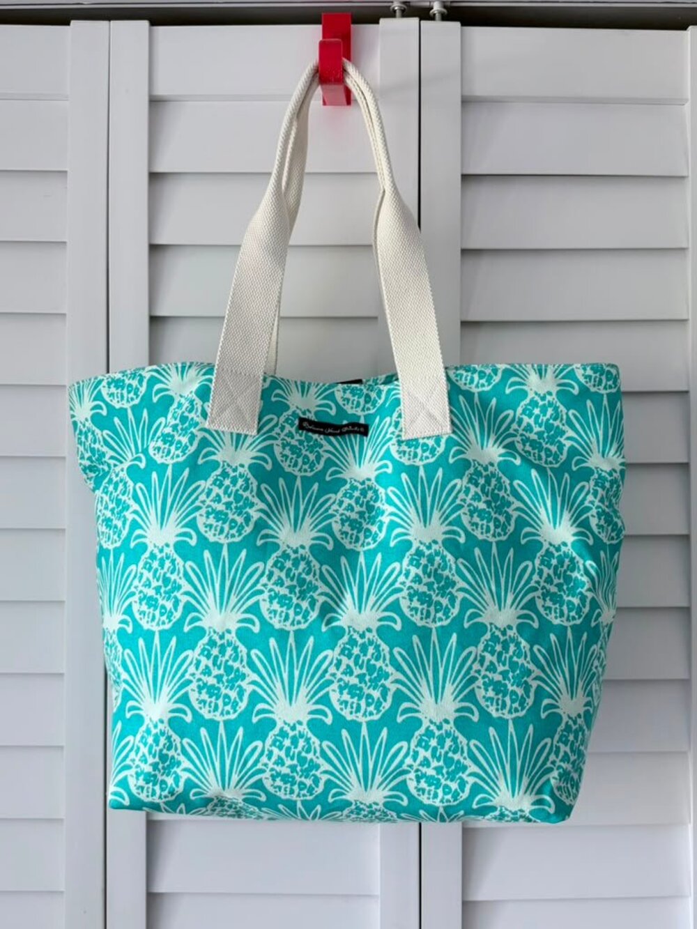 Bahama Hand Prints Pineapple Beach Tote Bag Aqua Canvas Large Shoulder Tote
